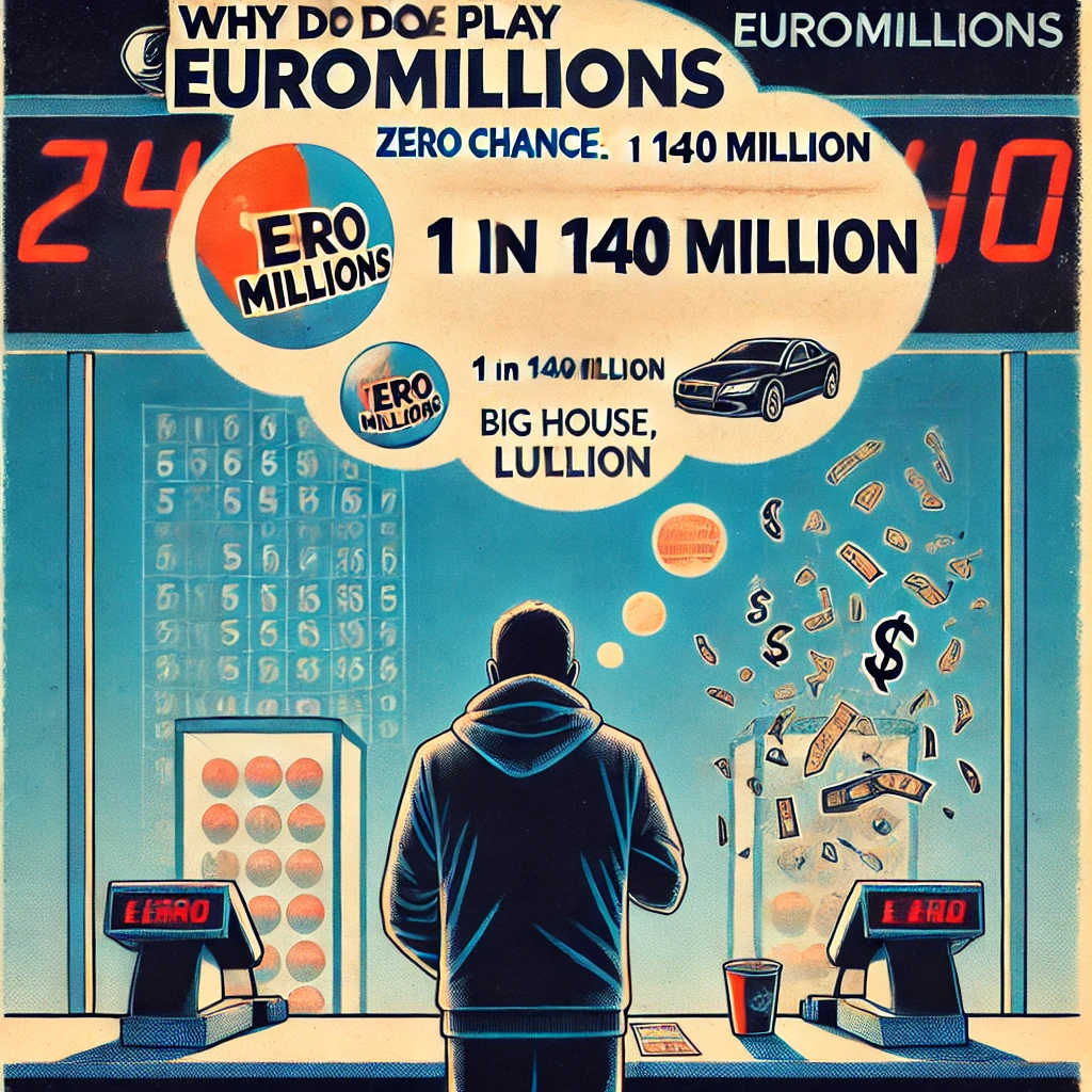 Dall·e 2024 09 08 16.46.57 An Illustration Titled 'why Do We Play Euromillions Zero Chance'. The Image Shows A Person Buying A Euromillions Lottery Ticket At A Counter. In The